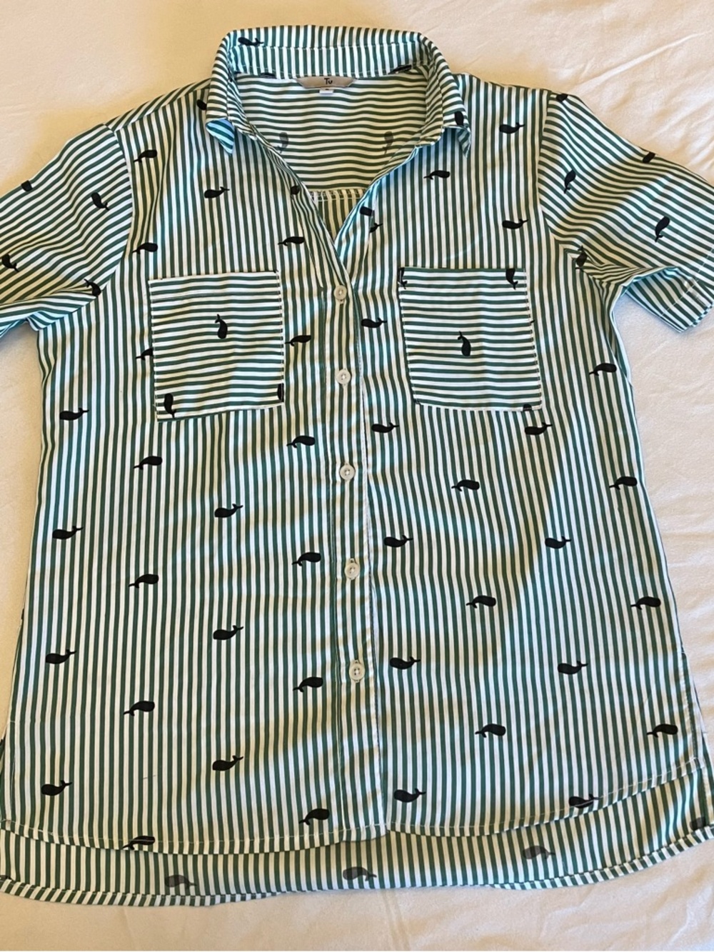 Striped Green Button-Down Shirt with Whale Print